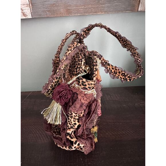 Vintage Shabby Chic Handmade Cheetah Embroidered Lace  Rose Shoulder Bag - Picture 4 of 6